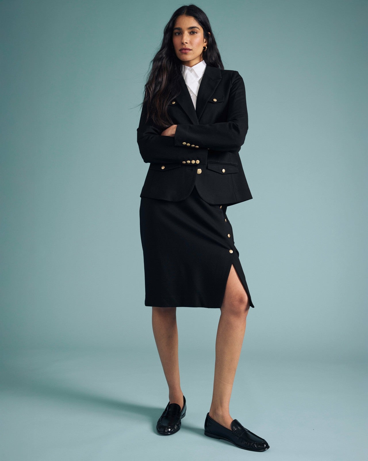 Universal Standard Anya Ponte Skirt - Black with Gold Buttons