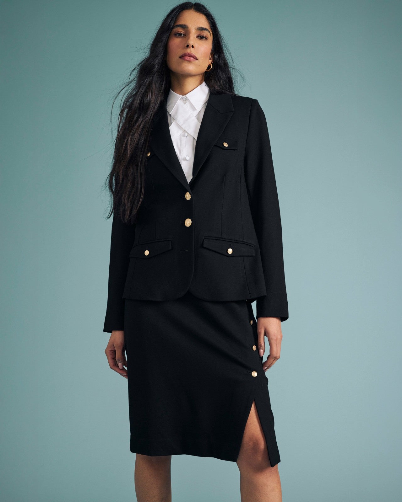Universal Standard Anya Ponte Skirt - Black with Gold Buttons