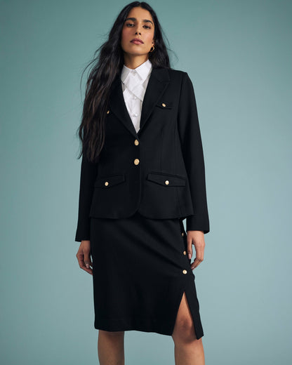 Universal Standard Anya Ponte Skirt - Black with Gold Buttons