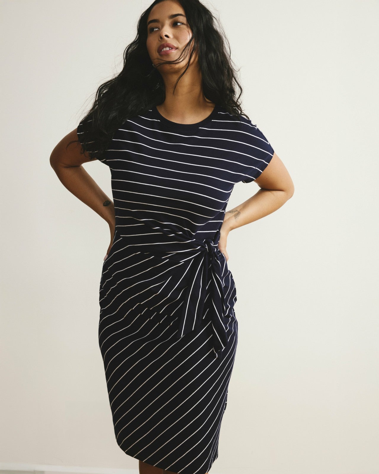 Universal Standard Crescent Breton Stripe Knot Dress - Navy Pinstripe