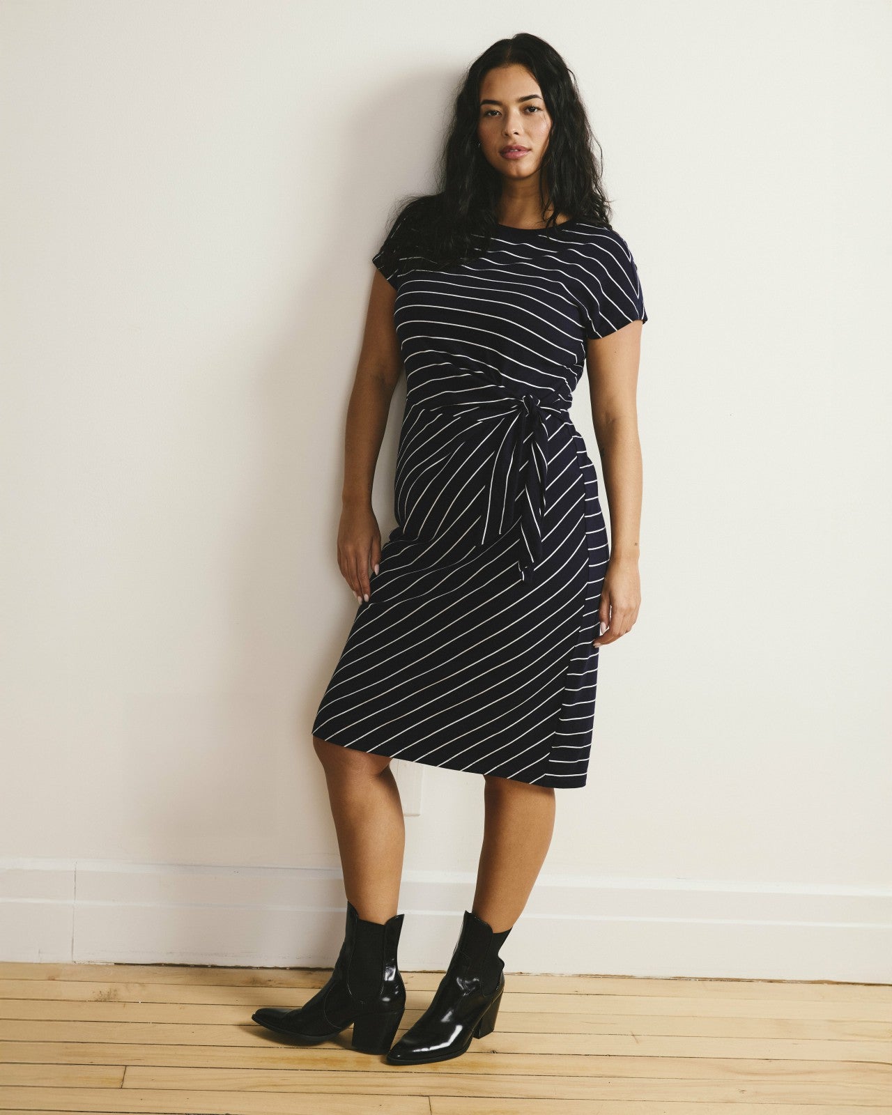 Universal Standard Crescent Breton Stripe Knot Dress - Navy Pinstripe