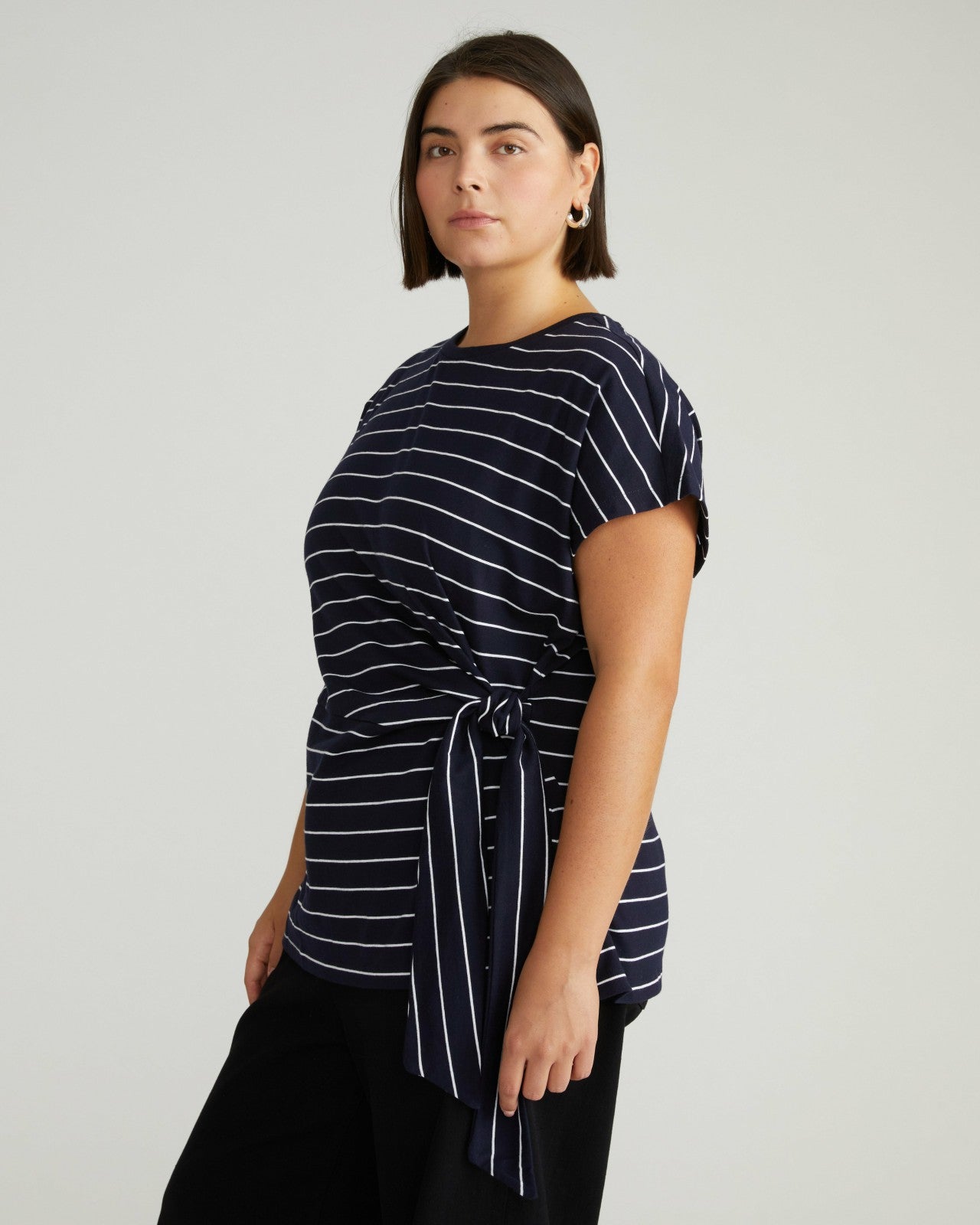 Universal Standard Crescent Breton Stripe Knot Tee - Navy Pinstripe