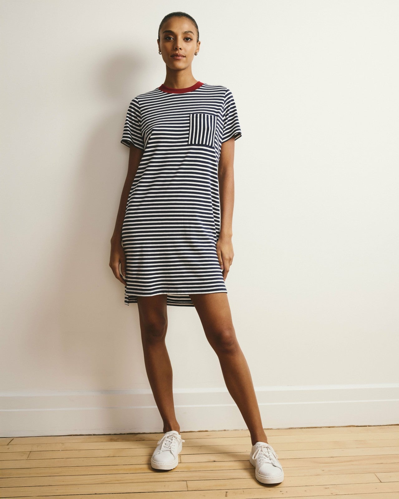 Universal Standard Garcon Tee Dress - Navy/White Stripe with Garnet Trim