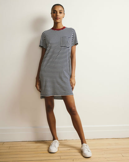 Universal Standard Garcon Tee Dress - Navy/White Stripe with Garnet Trim