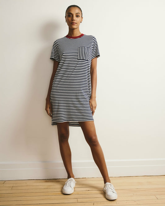 Universal Standard Garcon Tee Dress - Navy/White Stripe with Garnet Trim