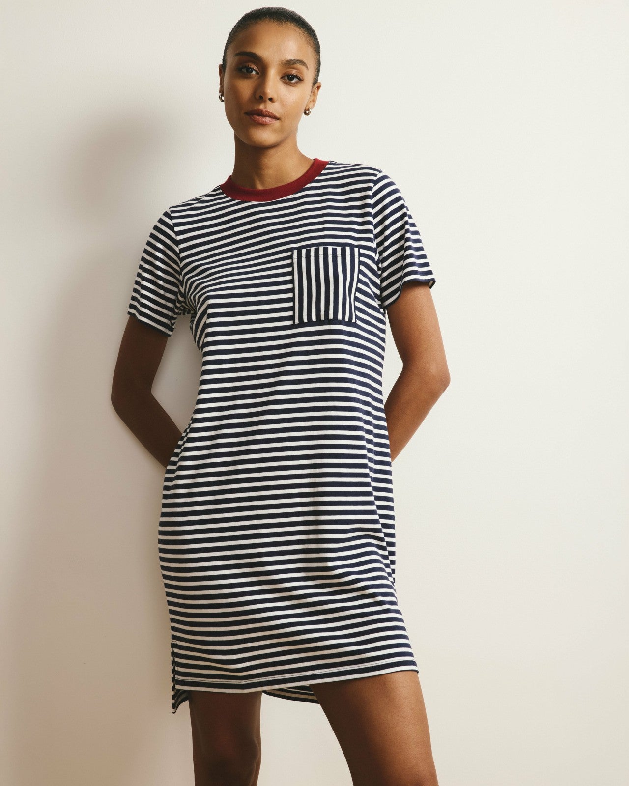 Universal Standard Garcon Tee Dress - Navy/White Stripe with Garnet Trim