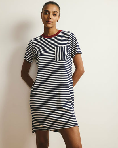 Universal Standard Garcon Tee Dress - Navy/White Stripe with Garnet Trim