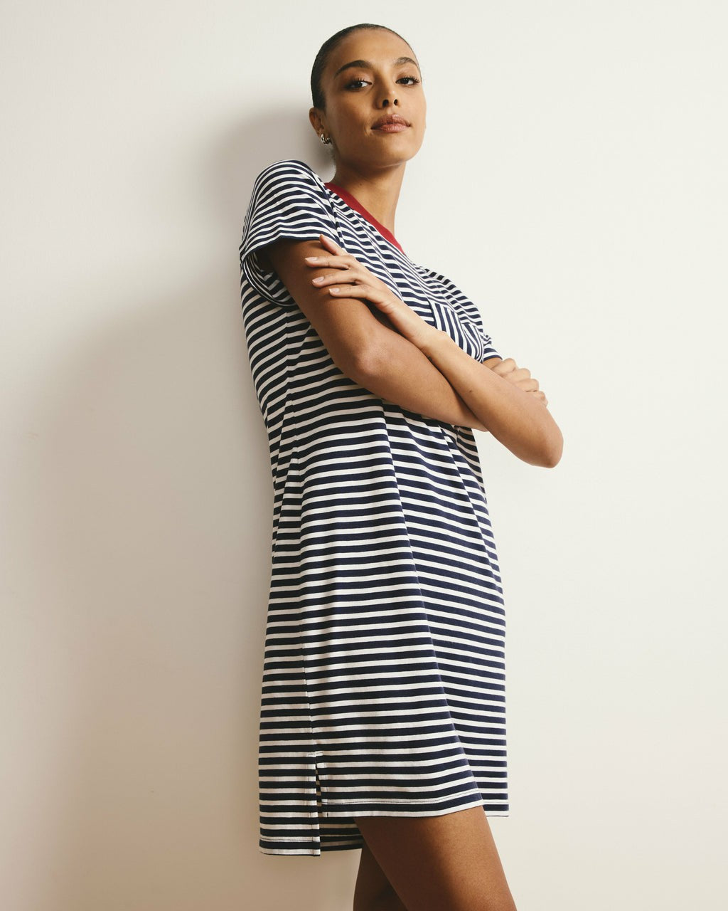 Universal Standard Garcon Tee Dress - Navy/White Stripe with Garnet Trim