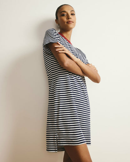 Universal Standard Garcon Tee Dress - Navy/White Stripe with Garnet Trim
