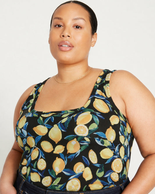 Universal Standard Square Neck Tank Top - Black Limoncello Print