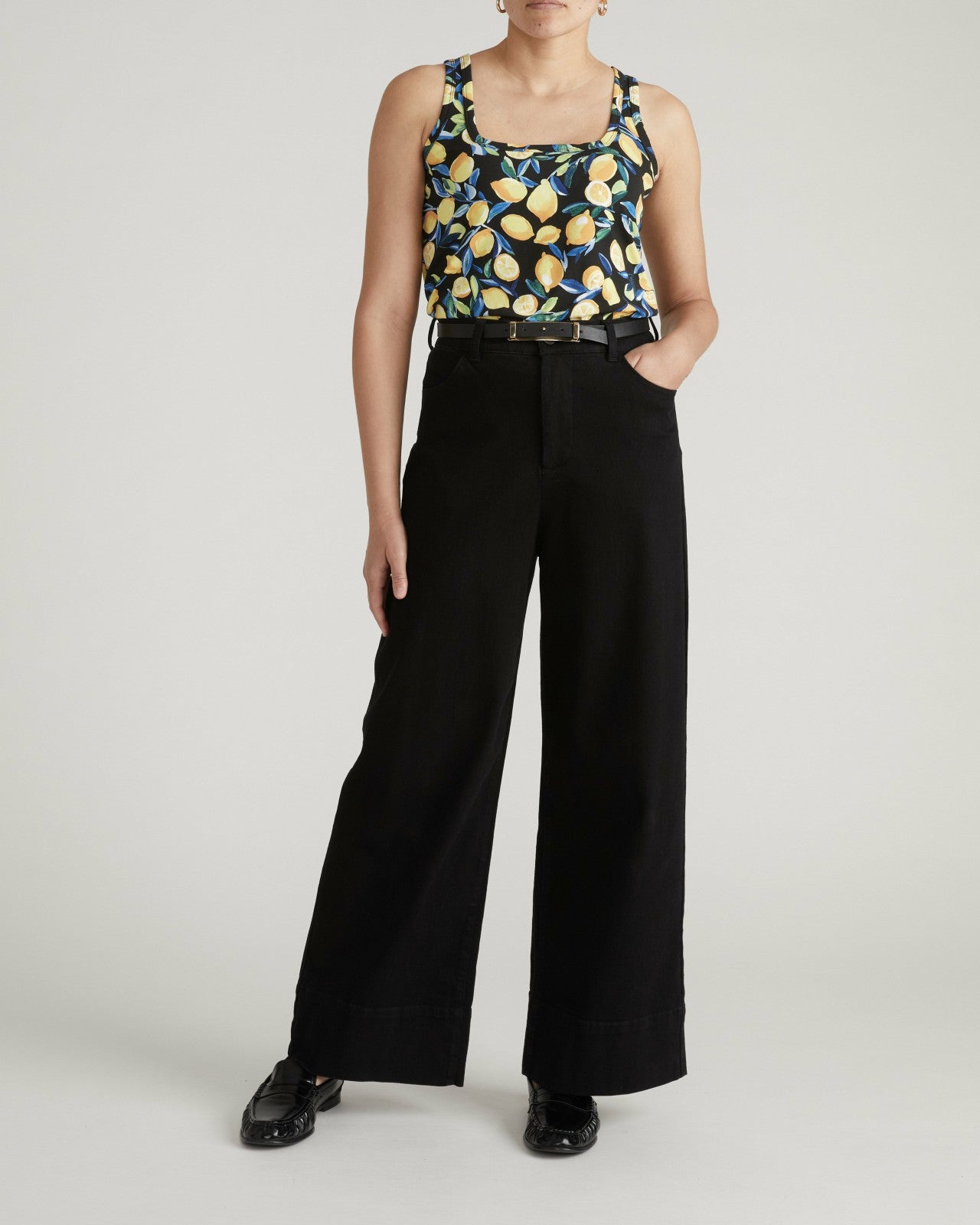Universal Standard Square Neck Tank Top - Black Limoncello Print