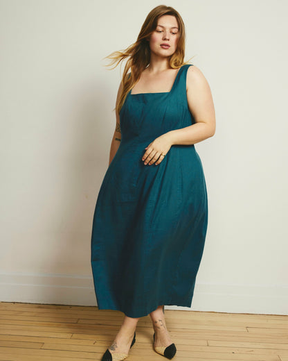 Universal Standard Saulay Square Neck Linen Blend Midi Dress - Ink Blue