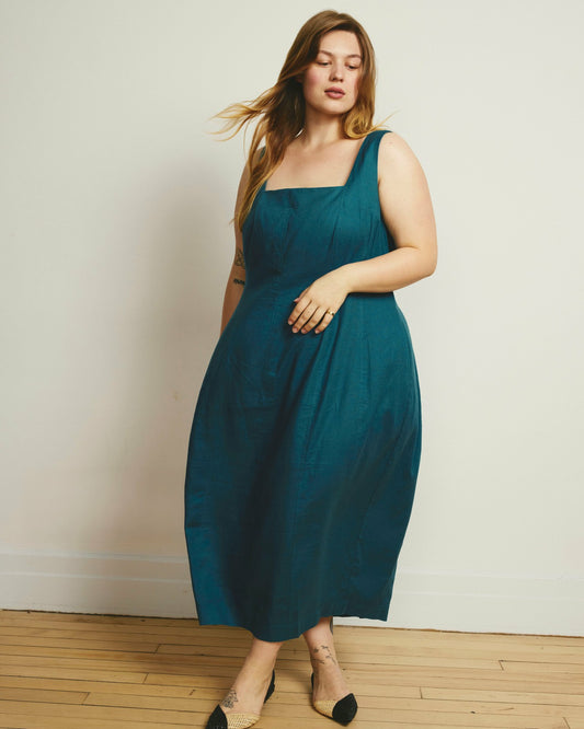 Universal Standard Saulay Square Neck Linen Blend Midi Dress - Ink Blue