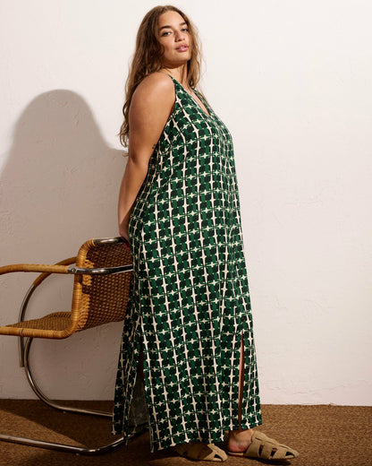 Universal Standard Islet Button-Down Linen Blend Maxi Dress - Green Trellis Print