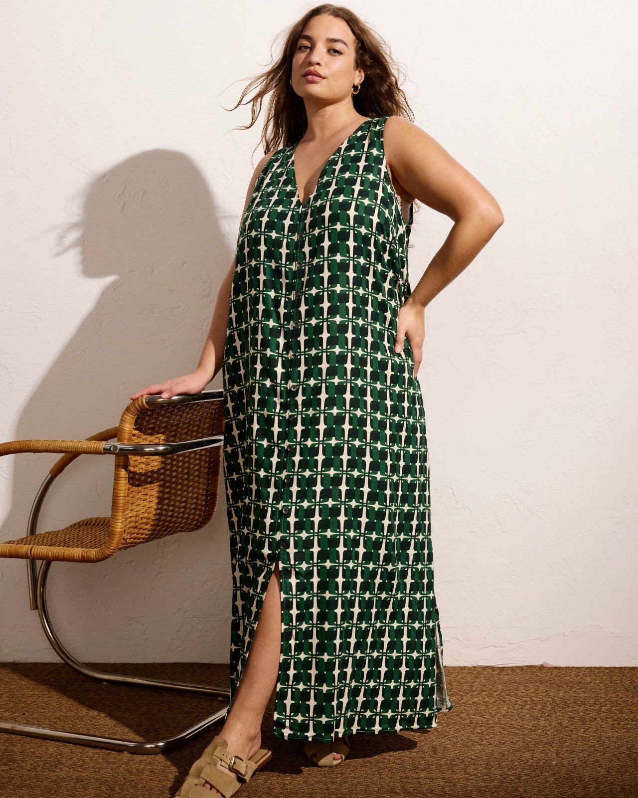 Universal Standard Islet Button-Down Linen Blend Maxi Dress - Green Trellis Print