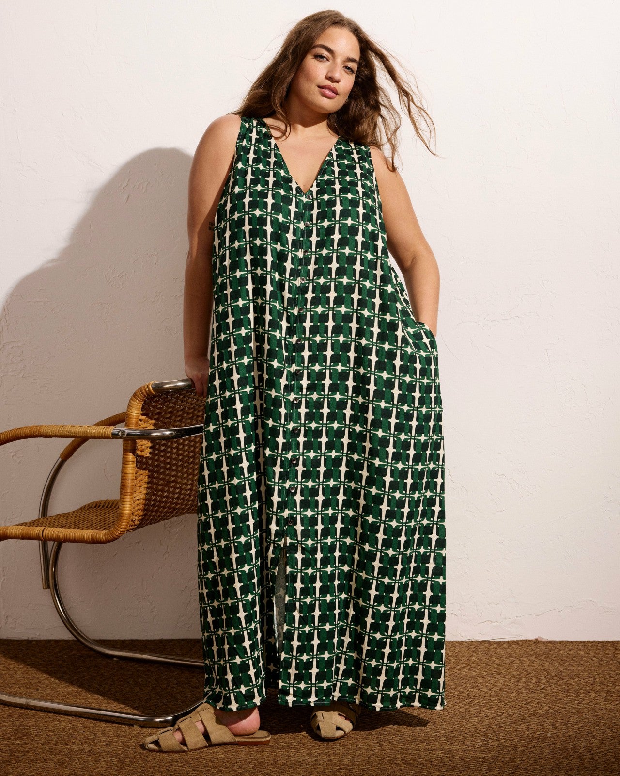 Universal Standard Islet Button-Down Linen Blend Maxi Dress - Green Trellis Print