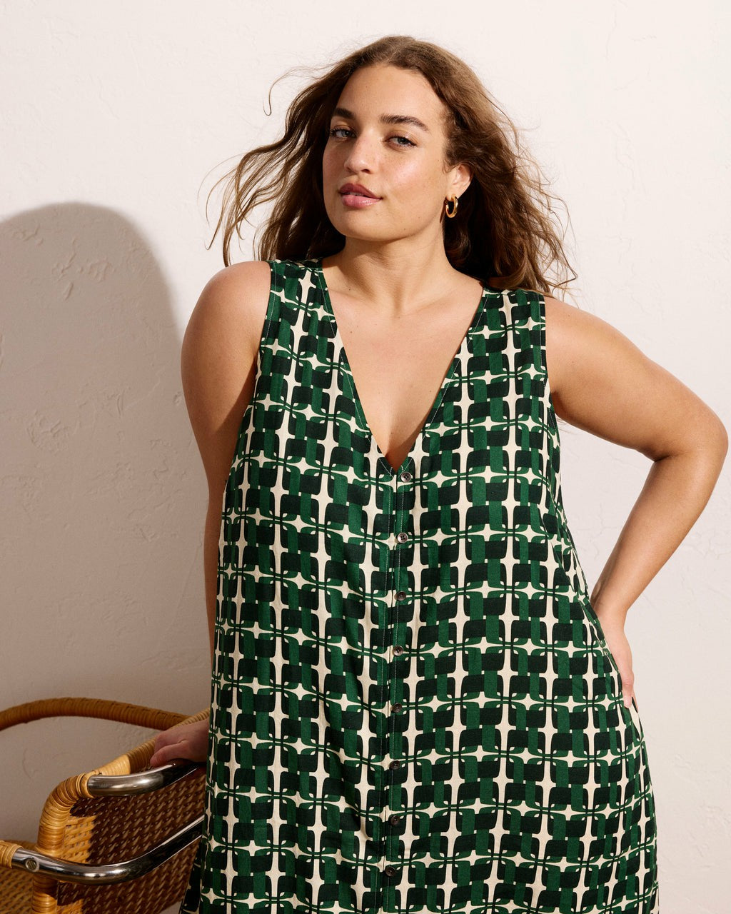 Universal Standard Islet Button-Down Linen Blend Maxi Dress - Green Trellis Print