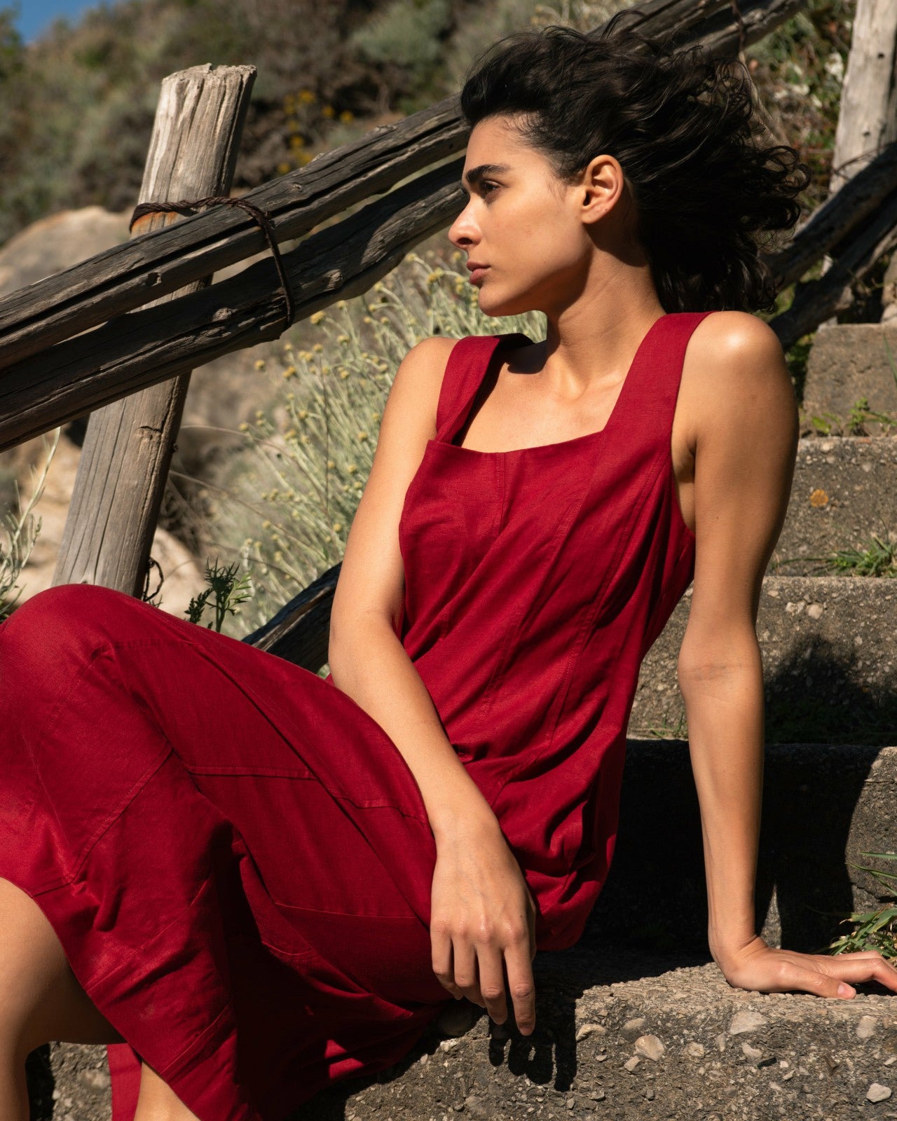 Universal Standard Saulay Square Neck Linen Blend Midi Dress - Vibrant Red