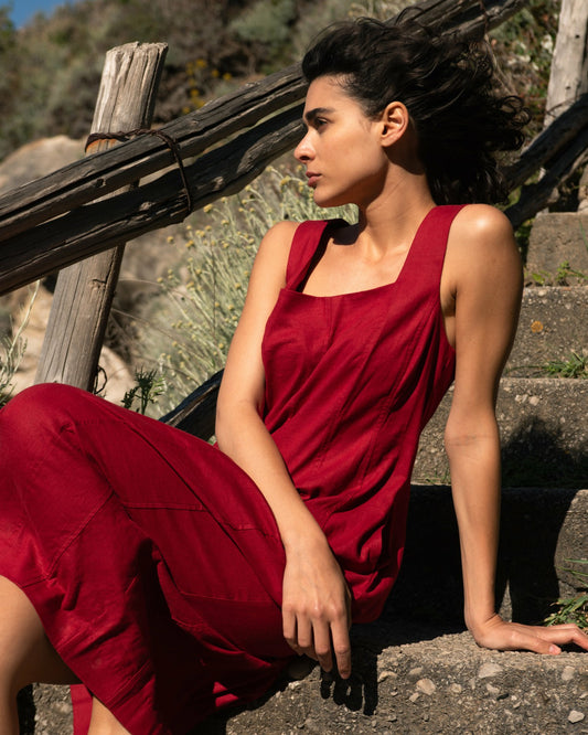 Universal Standard Saulay Square Neck Linen Blend Midi Dress - Vibrant Red