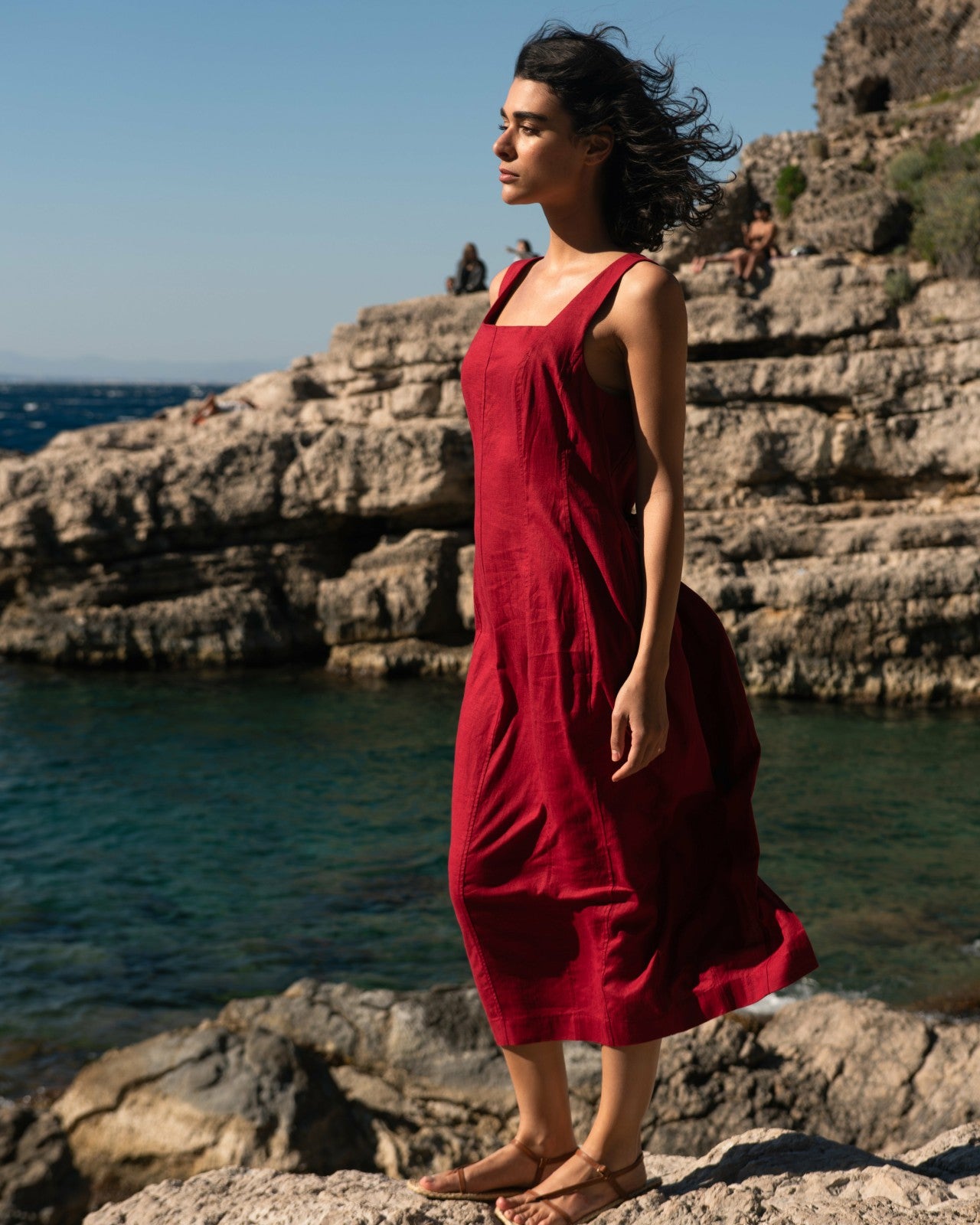 Universal Standard Saulay Square Neck Linen Blend Midi Dress - Vibrant Red