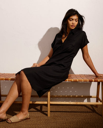 Universal Standard Sunshine Linen Blend Polo Dress - Black