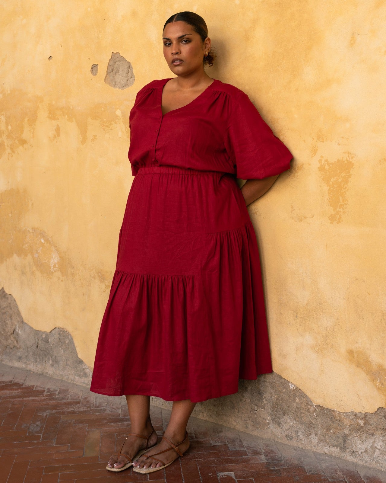 Universal Standard Sorrento Linen Blend Midi Dress - Vibrant Red