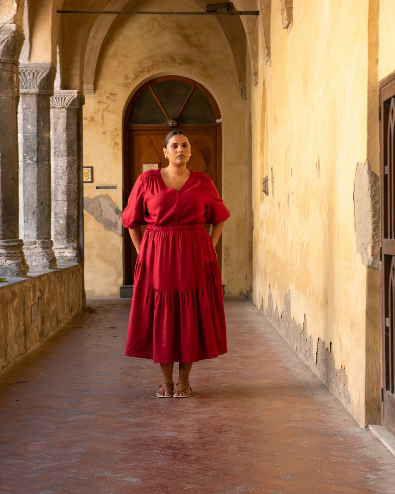 Universal Standard Sorrento Linen Blend Midi Dress - Vibrant Red