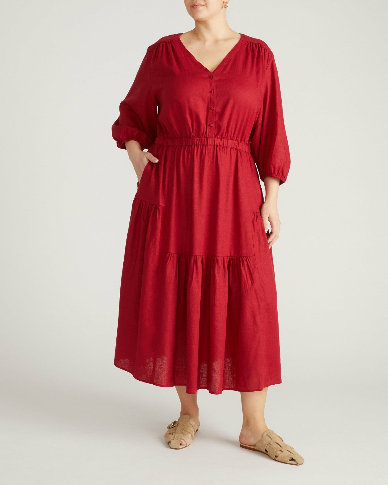 Universal Standard Sorrento Linen Blend Midi Dress - Vibrant Red