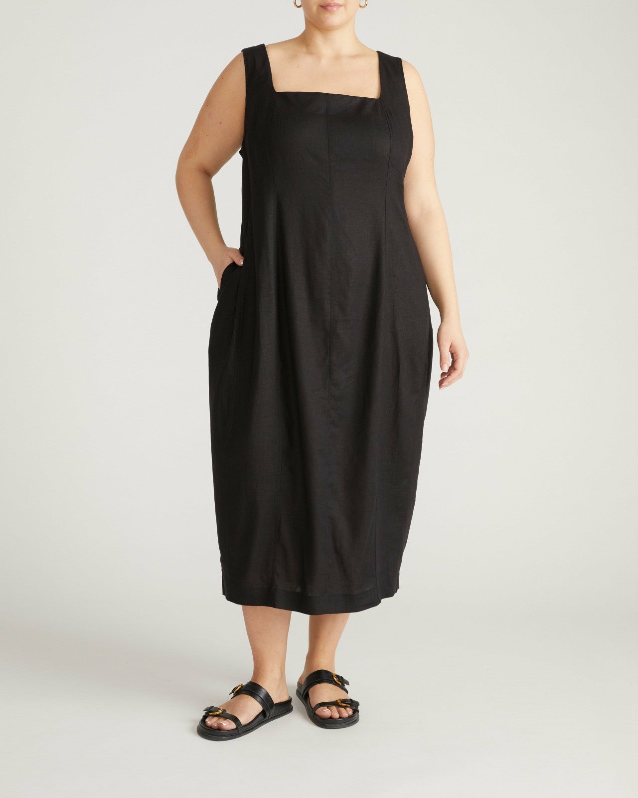 Universal Standard Saulay Square Neck Linen Blend Midi Dress - Black