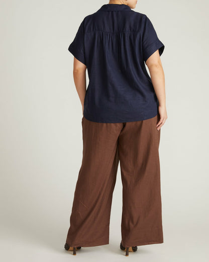 Universal Standard Sandy Short Sleeve Stretch Linen Blend Shirt - Navy