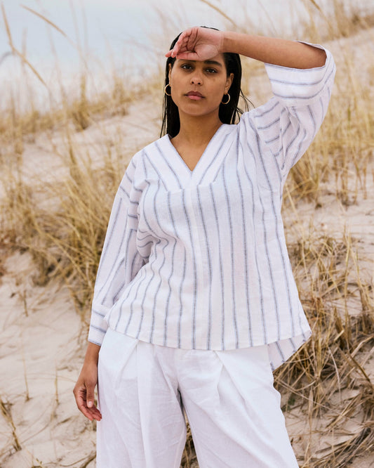Universal Standard Elio V-Neck Linen Blend Top - Mayfair Stripe