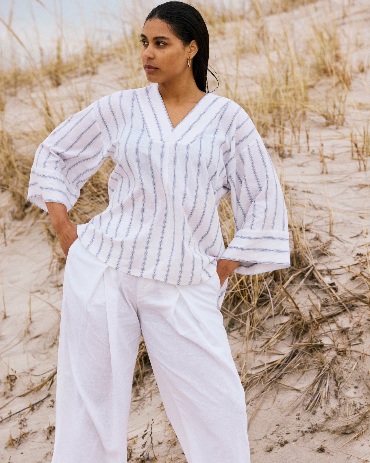 Universal Standard Elio V-Neck Linen Blend Top - Mayfair Stripe