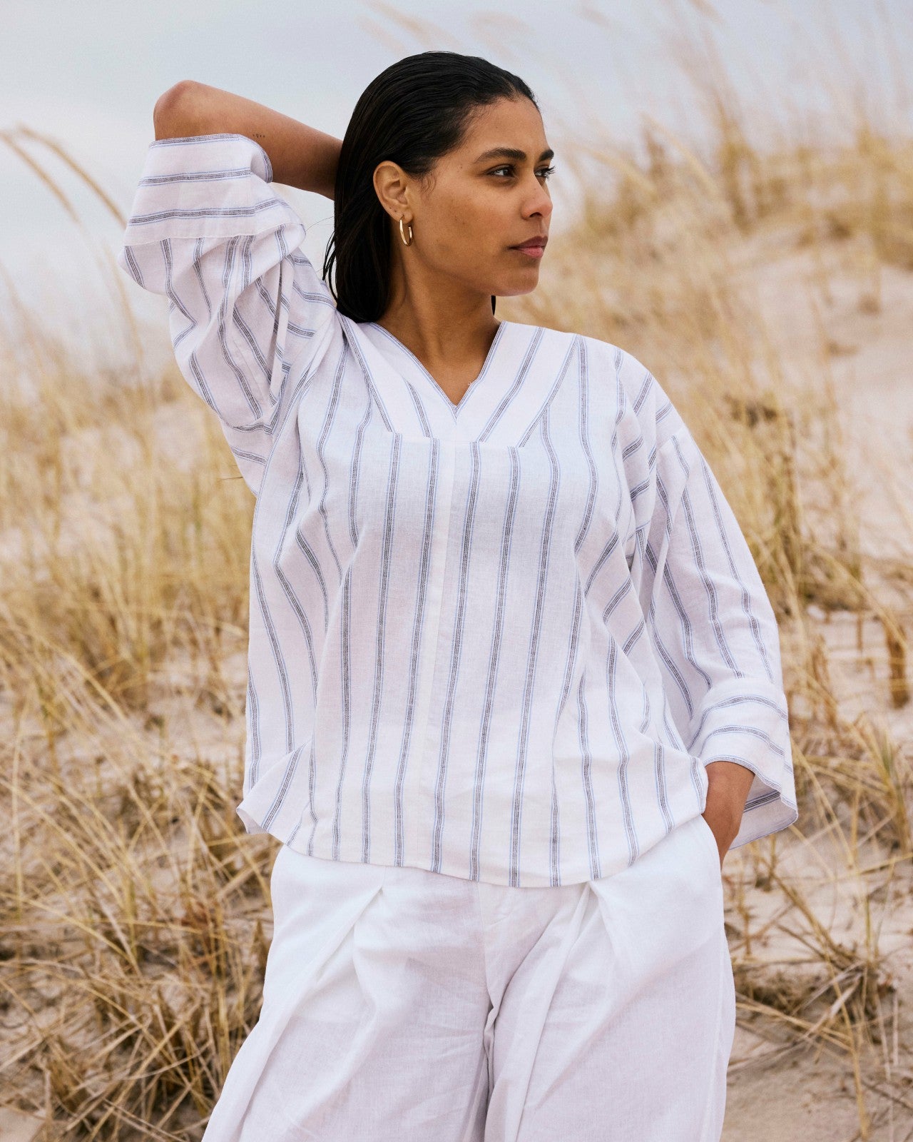 Universal Standard Elio V-Neck Linen Blend Top - Mayfair Stripe