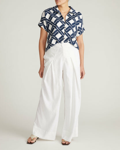 Universal Standard Sandy Short Sleeve Stretch Linen Blend Shirt - Geometrica Print