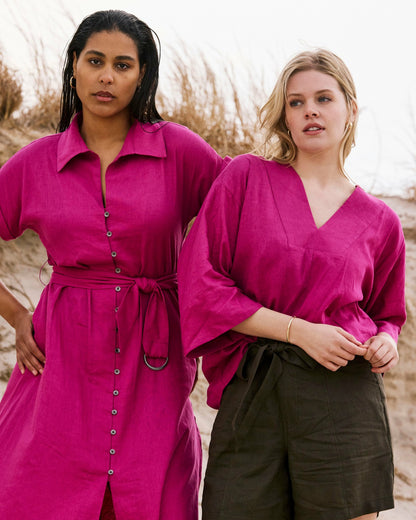 Universal Standard Elio V-Neck Linen Blend Top - Hyper Pink