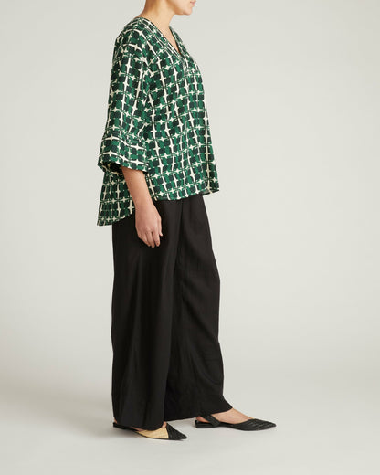 Universal Standard Elio V-Neck Linen Blend Top - Green Trellis Print