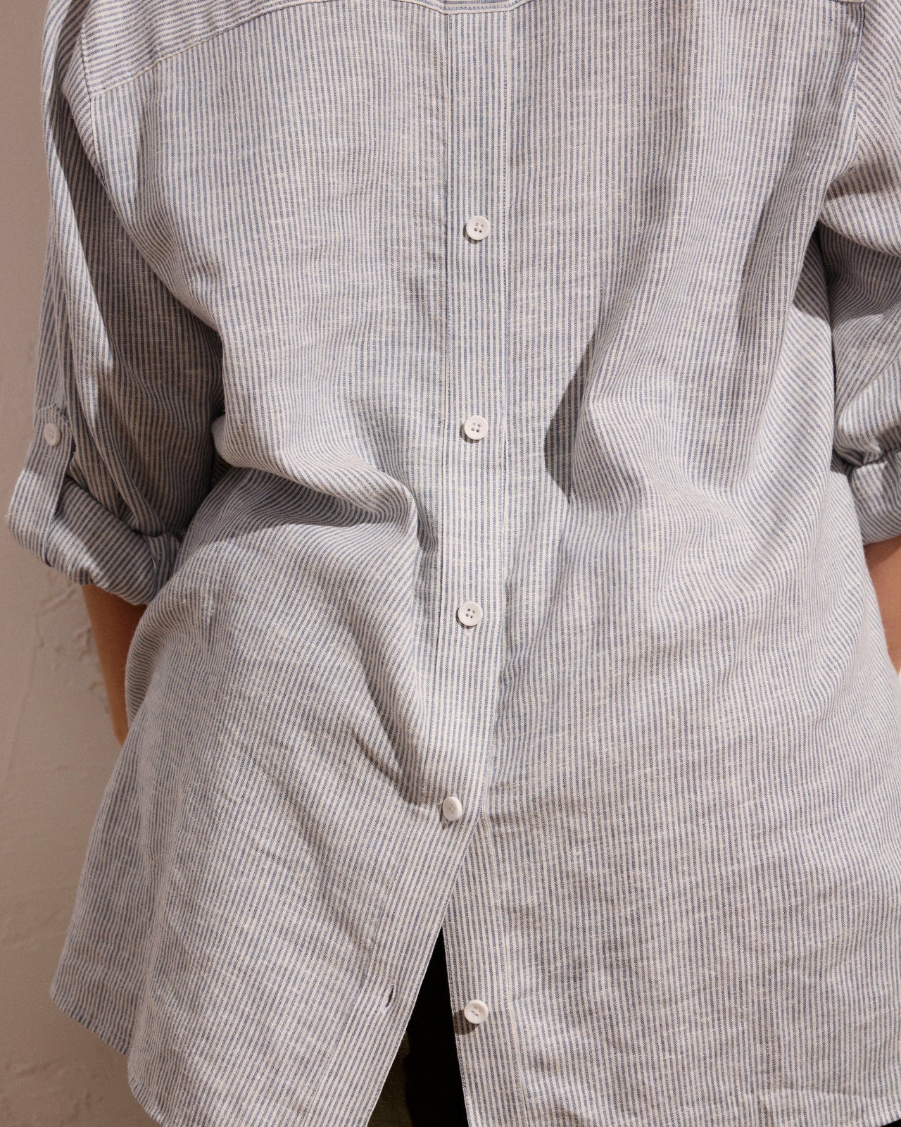 Universal Standard Button Back Linen Blend Polo Shirt - Beach Stripe