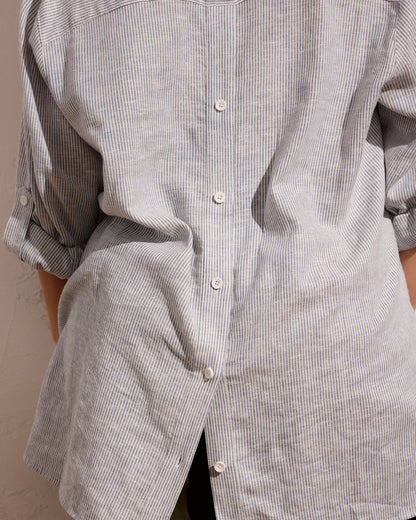 Universal Standard Button Back Linen Blend Polo Shirt - Beach Stripe