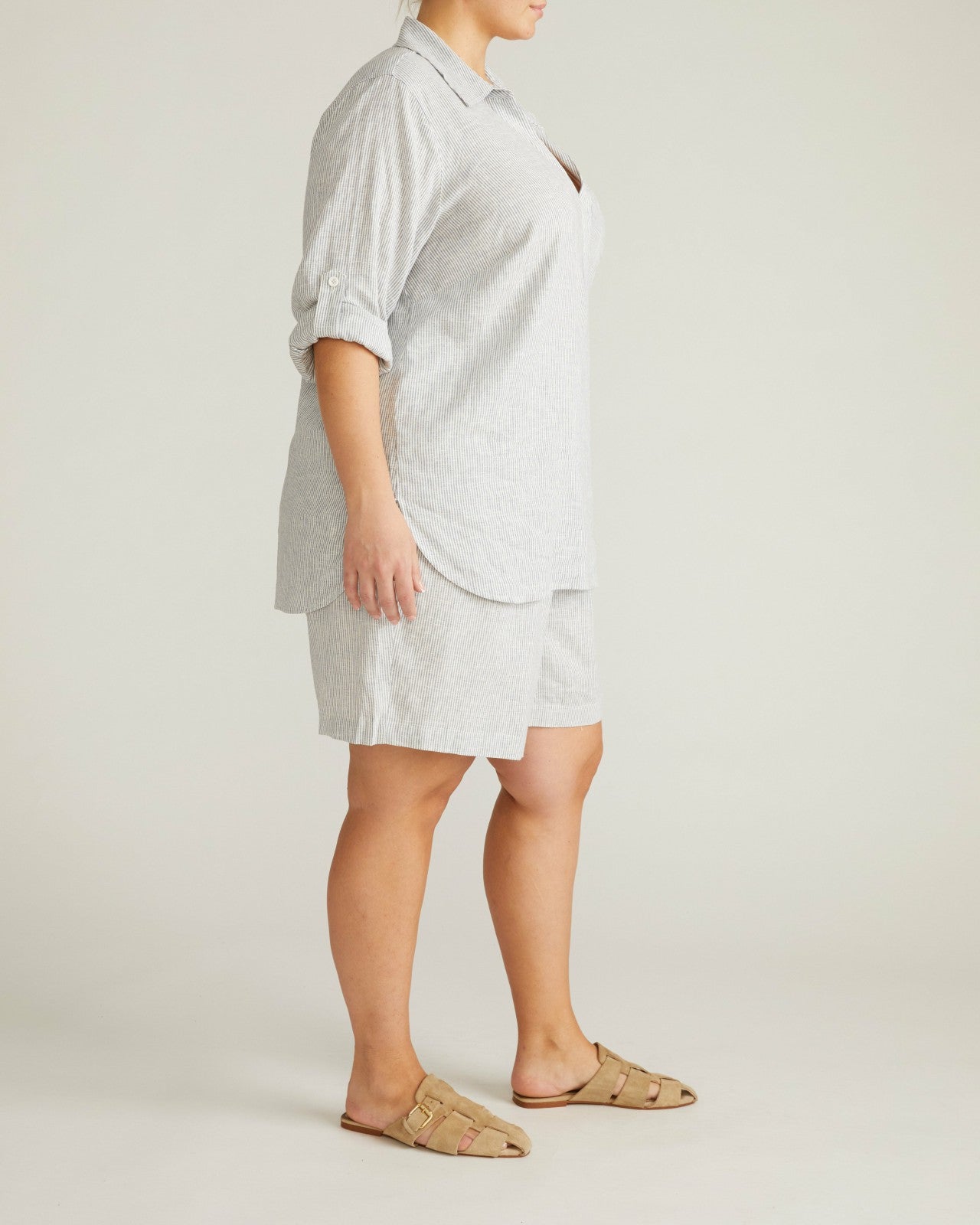 Universal Standard Button Back Linen Blend Polo Shirt - Beach Stripe