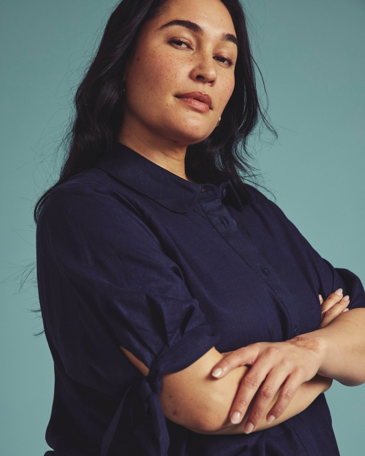 Universal Standard Luisa Short Sleeve Linen Blend Shirt - Navy