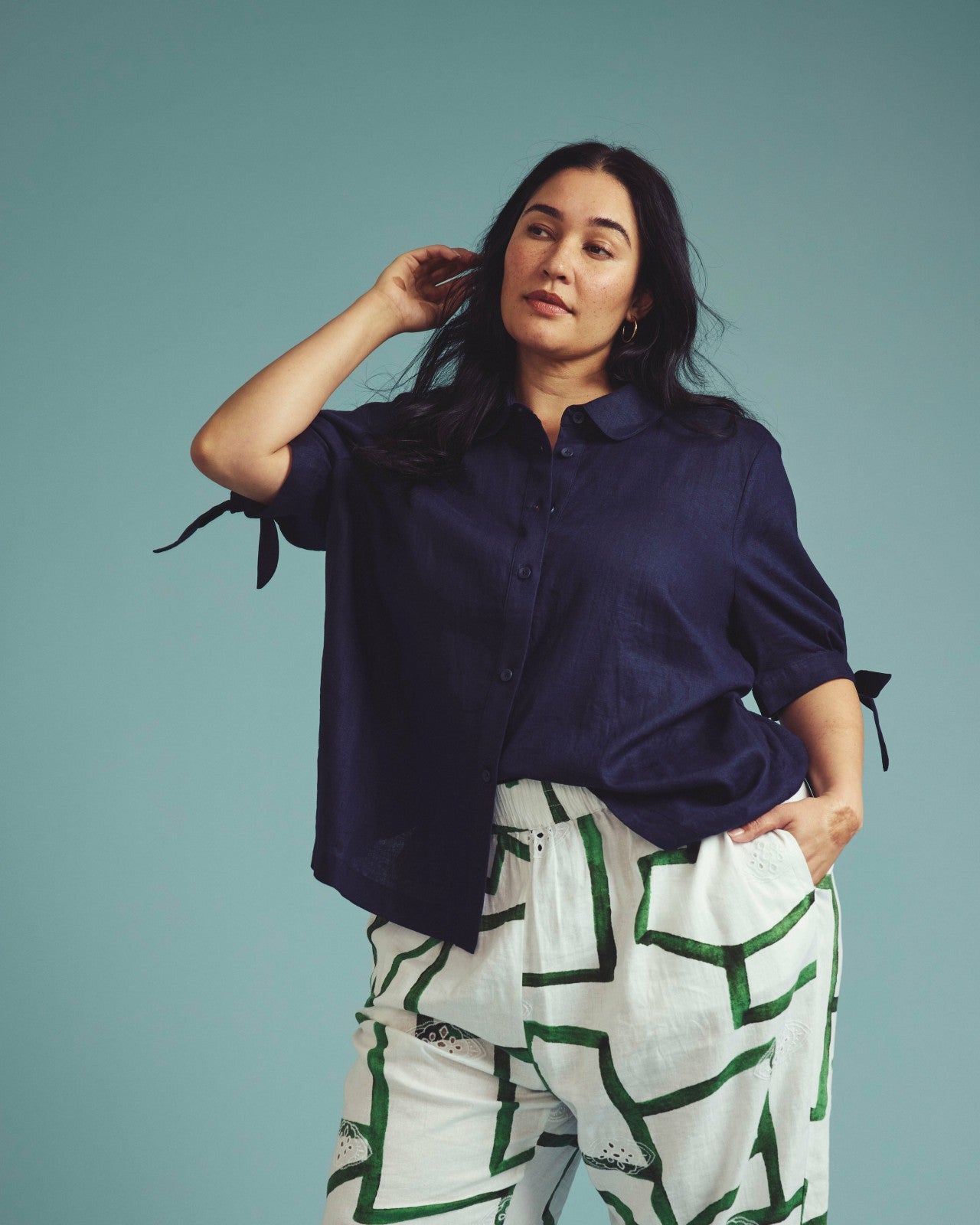 Universal Standard Luisa Short Sleeve Linen Blend Shirt - Navy