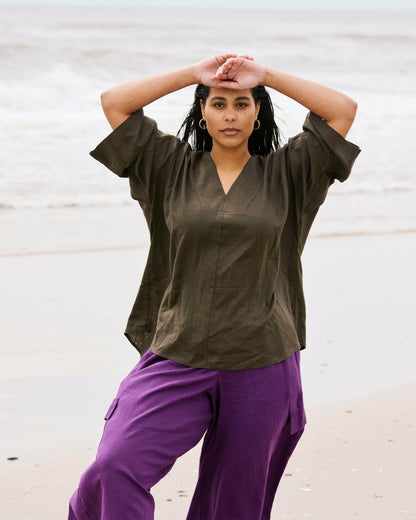 Universal Standard Elio V-Neck Linen Blend Top - Camo