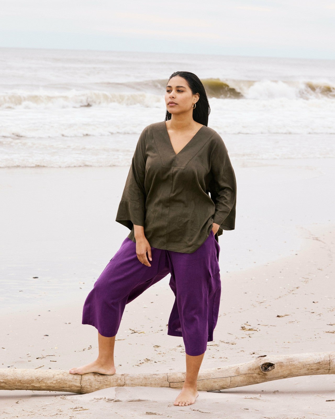 Universal Standard Elio V-Neck Linen Blend Top - Camo