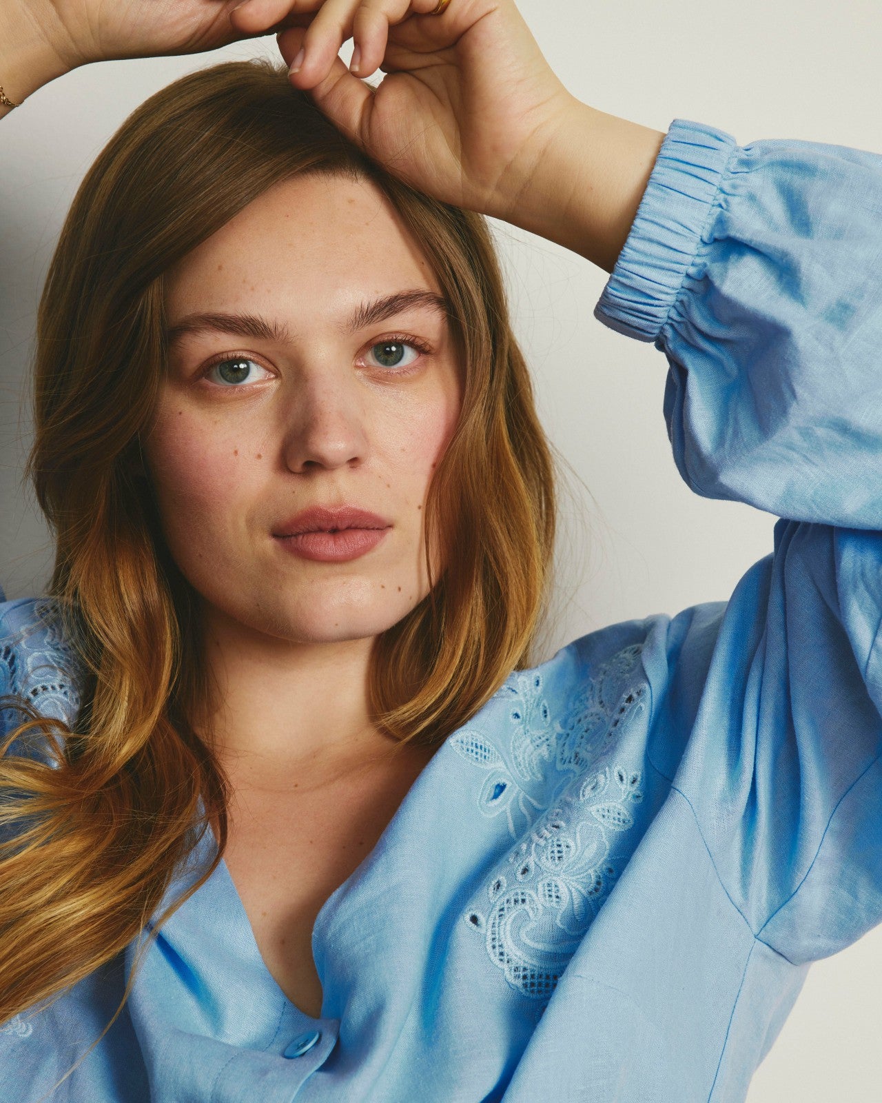 Universal Standard Frances Embroidered Linen Blend Blouse - Cielo Blue
