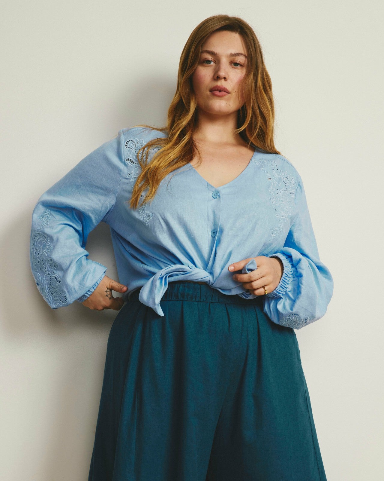 Universal Standard Frances Embroidered Linen Blend Blouse - Cielo Blue