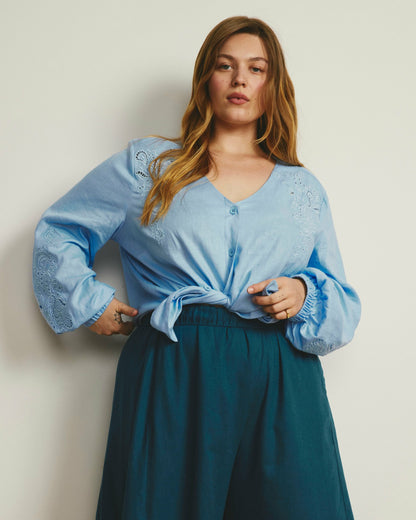 Universal Standard Frances Embroidered Linen Blend Blouse - Cielo Blue