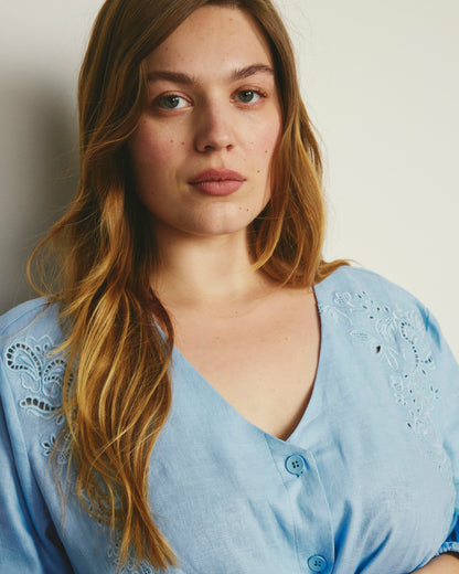 Universal Standard Frances Embroidered Linen Blend Blouse - Cielo Blue