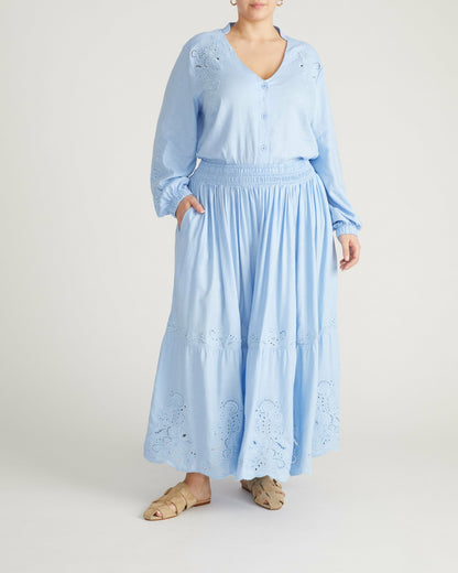 Universal Standard Frances Embroidered Linen Blend Blouse - Cielo Blue