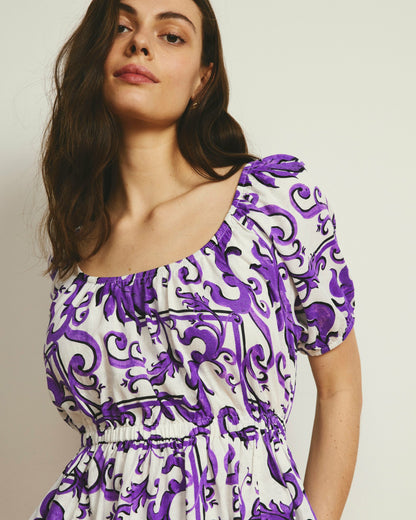 Universal Standard Andrea Peplum Linen Blend Top - Purple Majolica Print