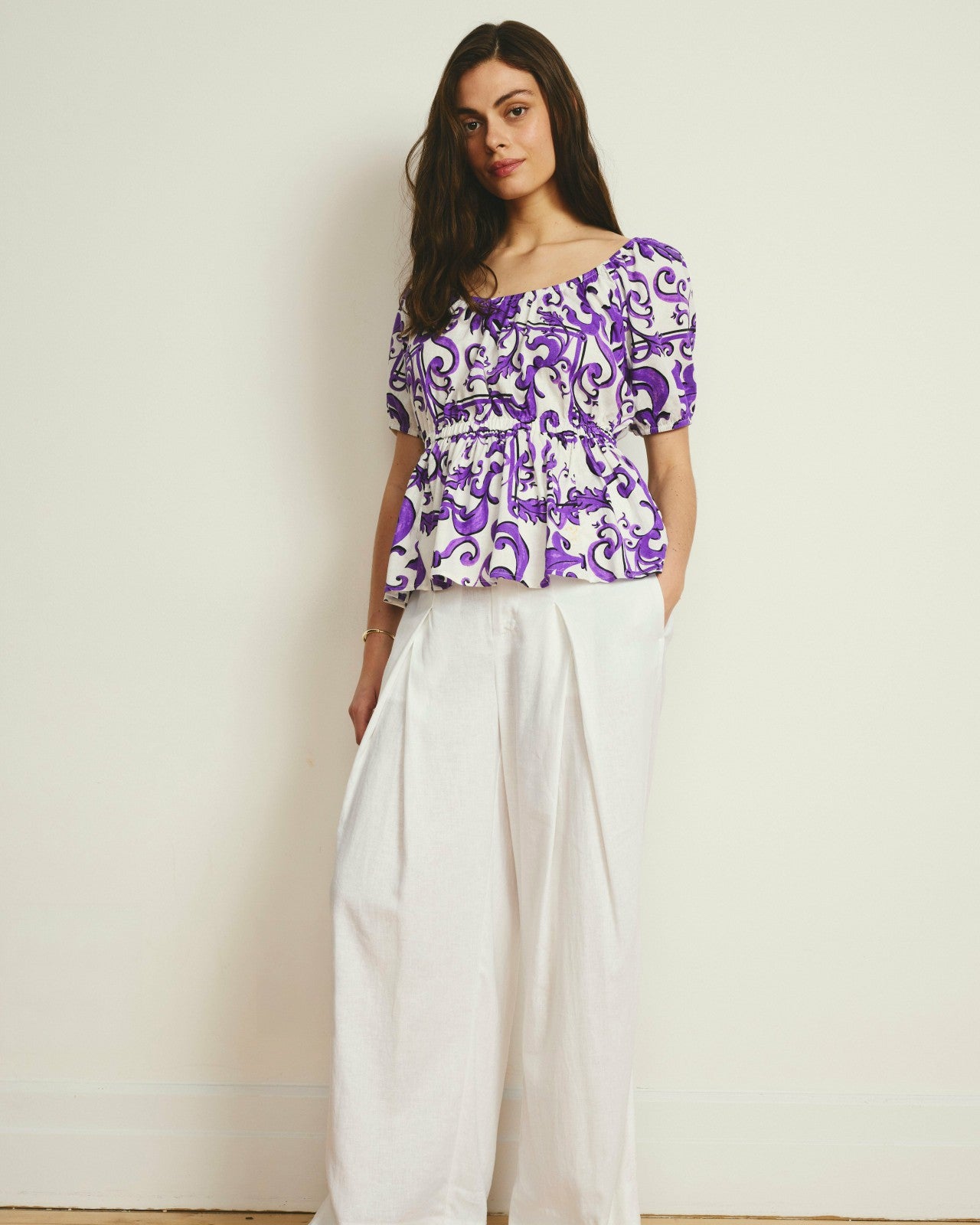 Universal Standard Andrea Peplum Linen Blend Top - Purple Majolica Print